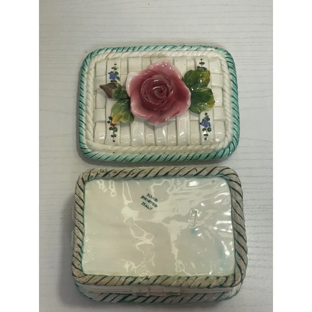 Vintage Italy Ceramic Rose Basket‎ Trinket Box Hand Painted Cottagecore Decor